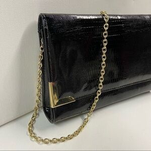 Style & Co. black patent leather clutch with gold chain